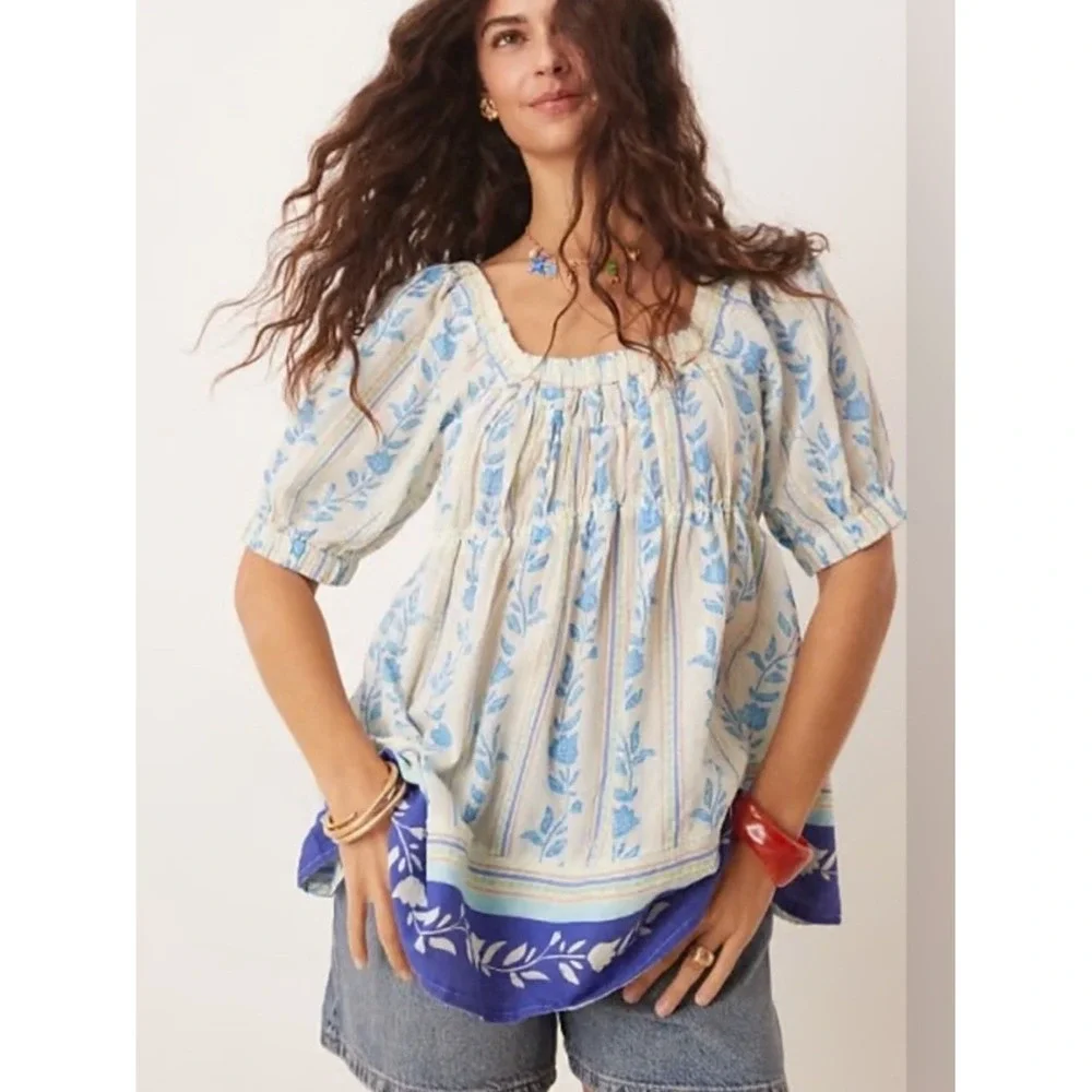 Free People XS NWOT Santorini Tunic Puff Sleeve Floral Relaxed Boho Cottage